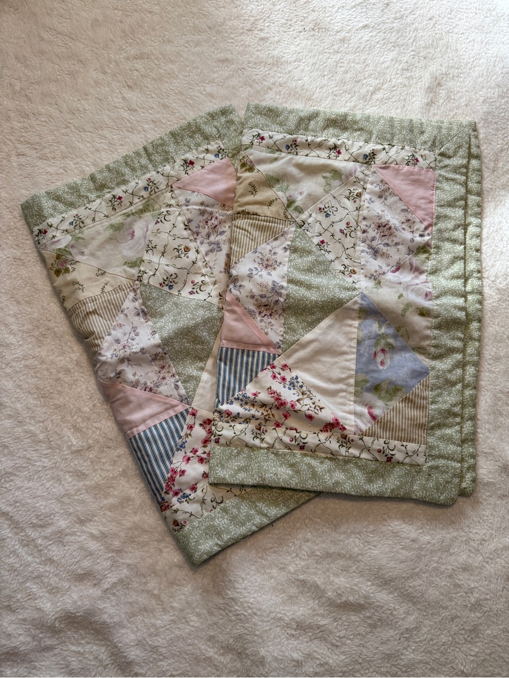 Quilted Handmade Patchwork Standard Size Pillowcases- Green & Pink